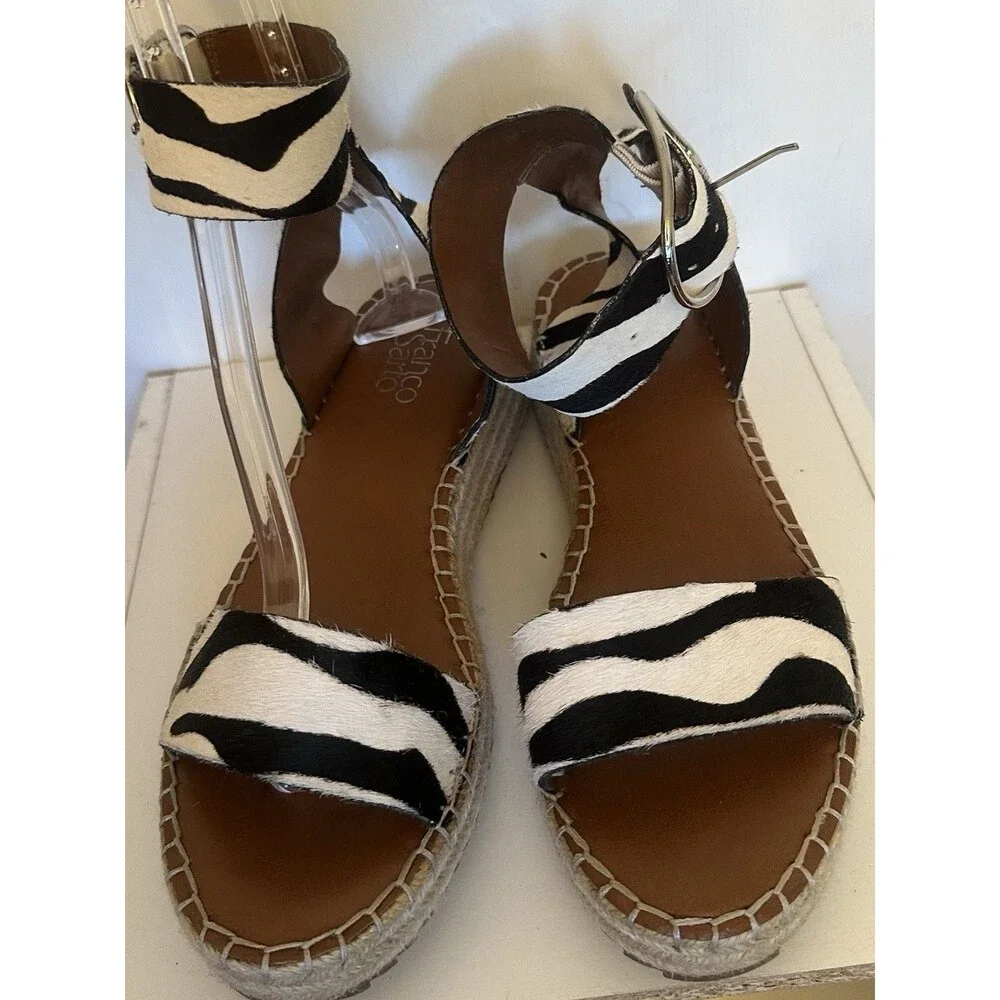 Franco Sarto Zebra Haircalf Espadrille Platform Sandals Ankle Strap US 10